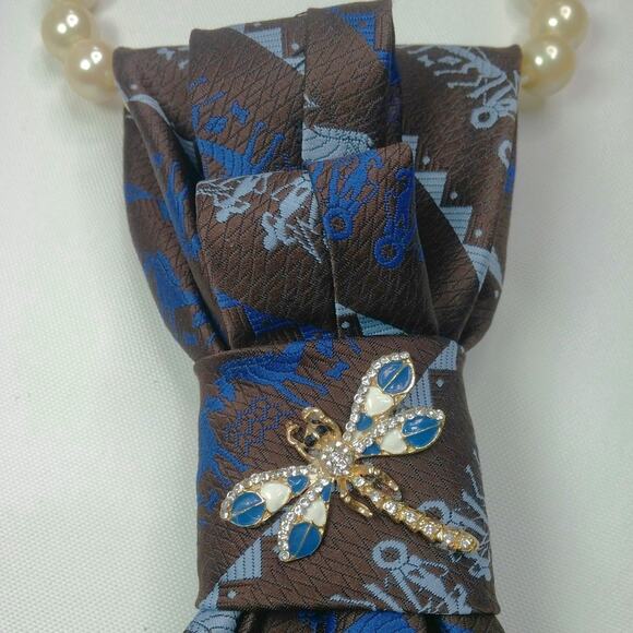 Artisan Vintage Tie Necklace Upcycled Faux Pearls Retro Brown Blue Dragonfly NEW - Picture 7 of 12